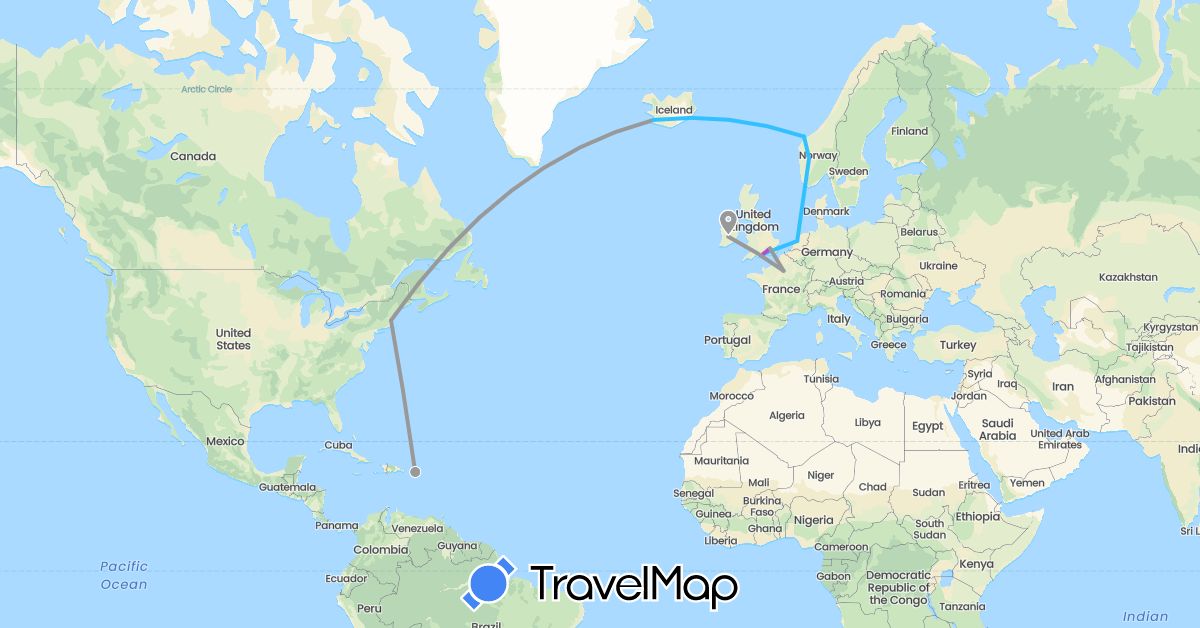 TravelMap itinerary: plane, train, boat in France, United Kingdom, Ireland, Iceland, Netherlands, Norway, United States (Europe, North America)